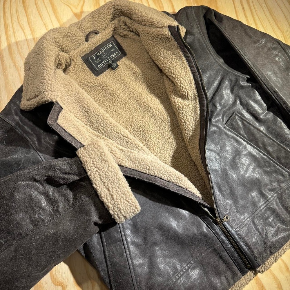 J Madison Outfitters Mens Medium Brown Faux Leather Shearling Bomber Jacket
